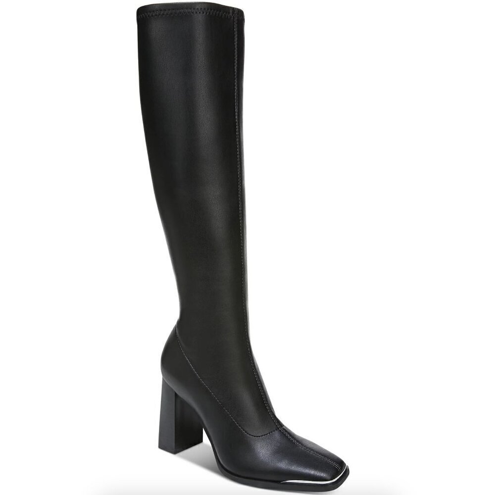 Womens Black Square Toe Block Heel Zip-Up Dress Heeled Boots